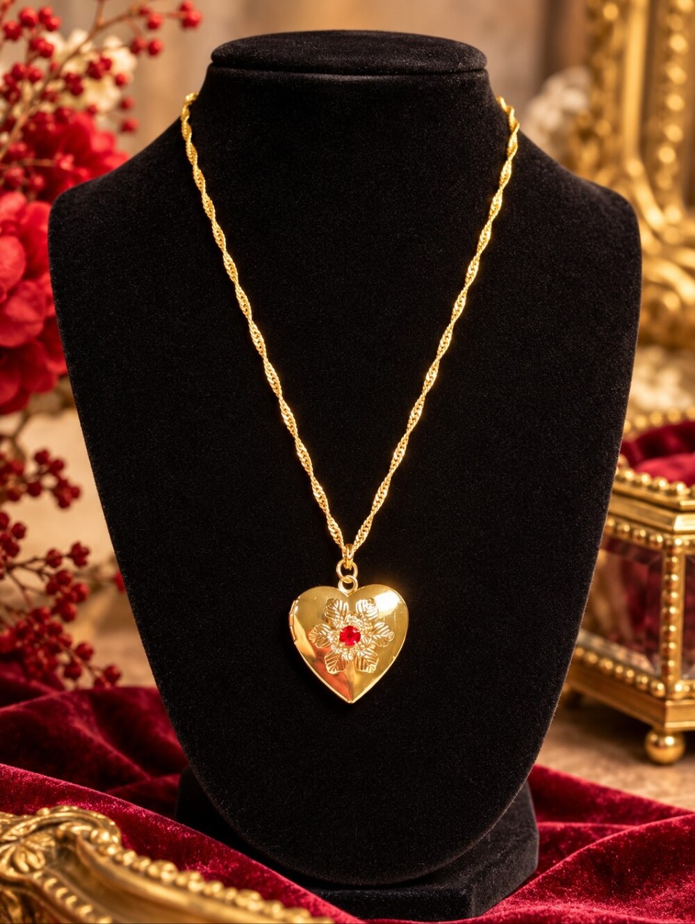 Vintage Gold Tone Heart Locket Necklace Red Rhinestone Floral Pendant CM Chain